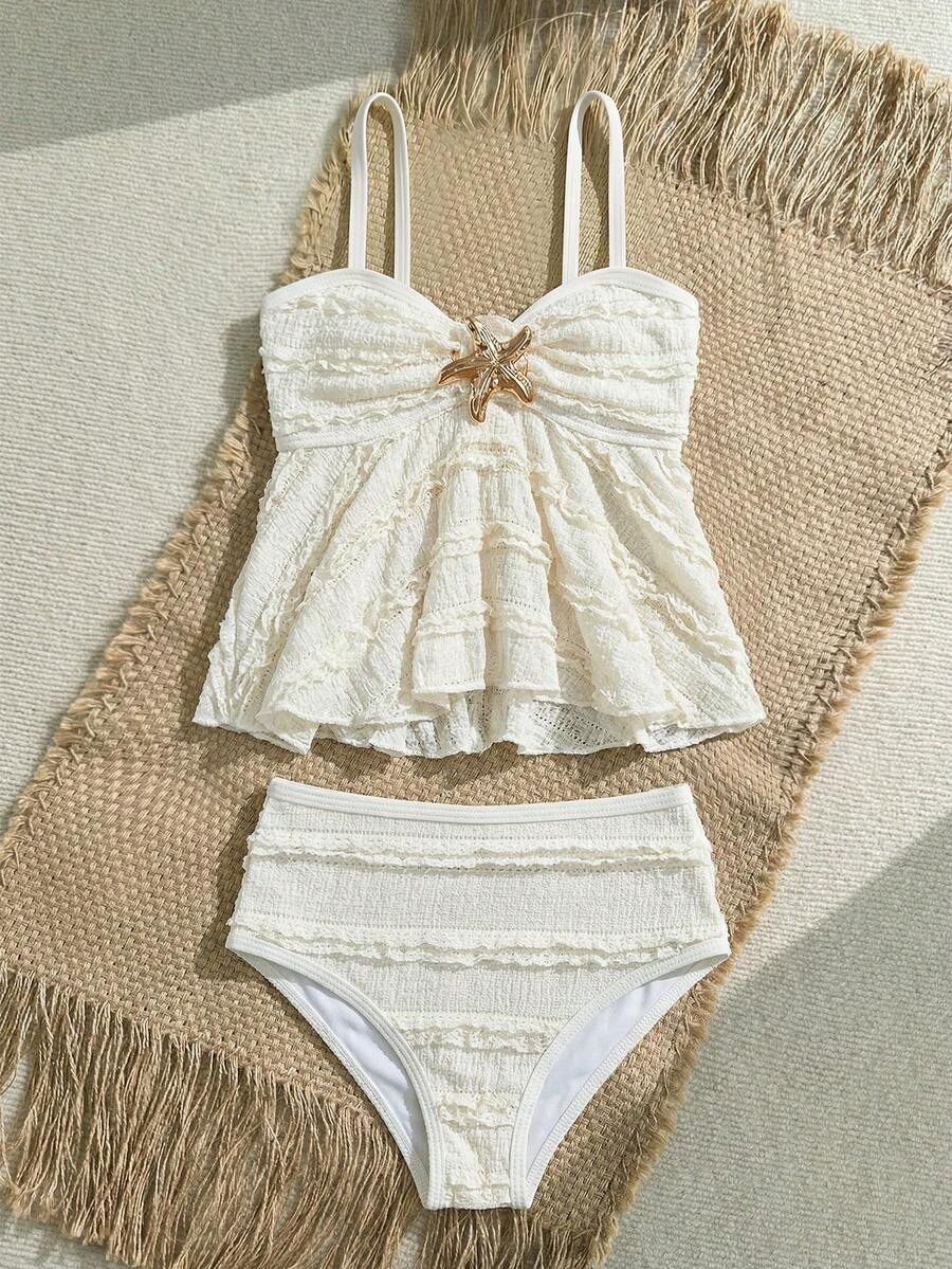 SHEIN Set Baju Renang Camisole Tankini Motif Bintang Laut Metalik untuk Anak Perempuan - Aprikot - View 1