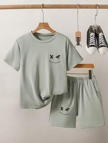 SHEIN 男童笑脸印花圆领短袖蓝色休闲套装，春夏百搭 - 綠色 - 查看 5