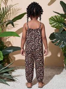 SHEIN 少女度假休闲豹纹连体裤，时尚编织豹纹吊带连体裤 - 彩色 - 查看 2