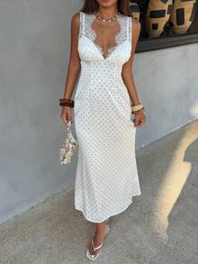 Livesso Đầm nữ không tay dáng lửng gợi cảm, phối ren chấm bi. - Đen và trắng - Xem 3