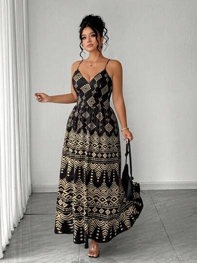 Cravure Plus Size Women's Elegant New Geometric Print Bow Backless Camisole Dress, Vacation Style