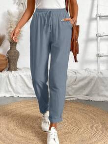 Breezaya Women Solid Color Drawstring Spring And Summer Long Pants - Blue - View 5