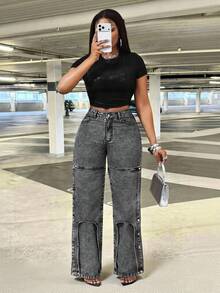 Slaydiva 女士休闲直筒牛仔裤 - 藍色 - 查看 6