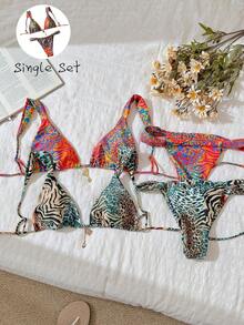 Swim Vcay Women's Random Print Metal Decor Sexy Spaghetti Strap Bikini Set, Summer - Multicolor - View 4