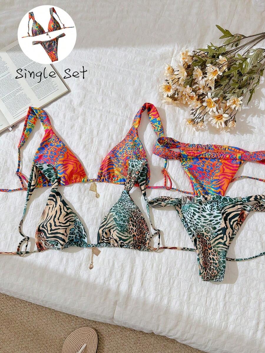 Swim Vcay Women's Random Print Metal Decor Sexy Spaghetti Strap Bikini Set, Summer - Multicolor - View 1