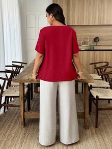 Weeklong Plus Size Women's Spring/Summer Vacation Floral Patchwork Ruffle Trim Loose Short Sleeve Top - Red - View 2