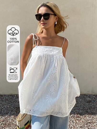 Livesso Damen weiße Baumwoll-Loose-Fit Besticktes Camisole für den Sommerurlaub