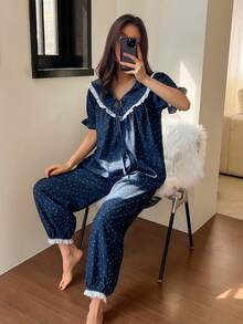DAZY Bộ đồ ngủ nữ chấm bi viền ren, kiểu dáng thường ngày, gồm áo và quần, thích hợp mặc ở nhà. - Màu xanh hải quân - Xem 4