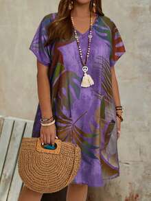 EMERY ROSE Plus Size Women's Purple Summer Boho Beach Holiday Dress,V-Neck Loose Printed Kaftans With Double Pocket,Fashionable Bohemian Spring Vacation Outfits - Purple - View 4