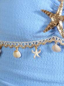 少女纯色露背金属装饰休闲连衣裙 - 藍色 - 查看 4