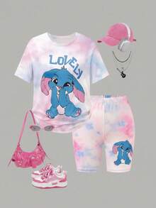SHEIN Explorewe Girls' Knitted Digital Print Cute Cartoon Tie-Dye Top And Pants 2 Pieces Set,Lavender Summer Vacation Comfortable Skin-Friendly Fabric Daily Wear - Pink - View 3