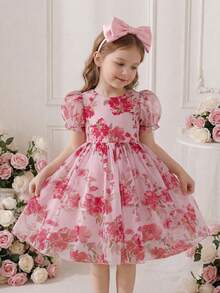 SHEIN Glamorique Kids 年轻女孩优雅迷人可爱粉色泡泡袖收腰奢华荷叶边连衣裙 - 粉色 - 查看 7