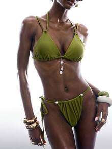 LYSMO 两件套绿色珠光比基尼套装，交叉露背性感时尚泳衣 - 綠色 - 查看 5