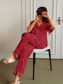 Napfluff Blue Striped Bow Print Patchwork Contrast Color Lapel Short Sleeve Pajama Set For Women - Red - View 4