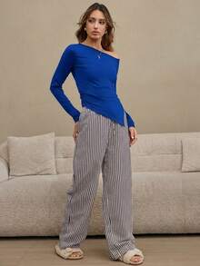 HautHeat Women's Solid Color Asymmetric Neck Long Sleeve Top And Striped Pants Pajama Set - Blue - View 4