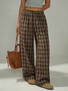 SHEIN PETITE 女士棕色宽松格子简约休闲裤 - 彩色 - 查看 4