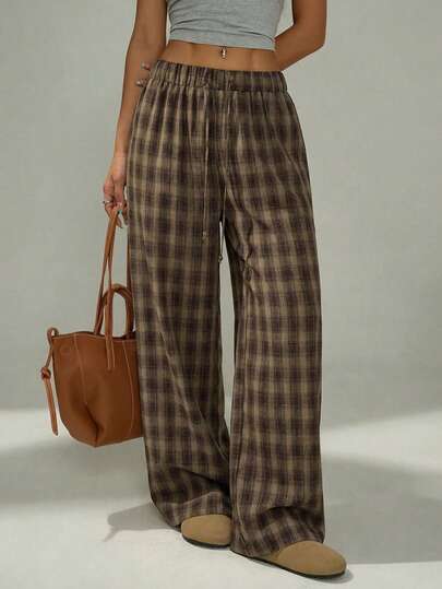 SHEIN PETITE 女士棕色宽松格子简约休闲裤