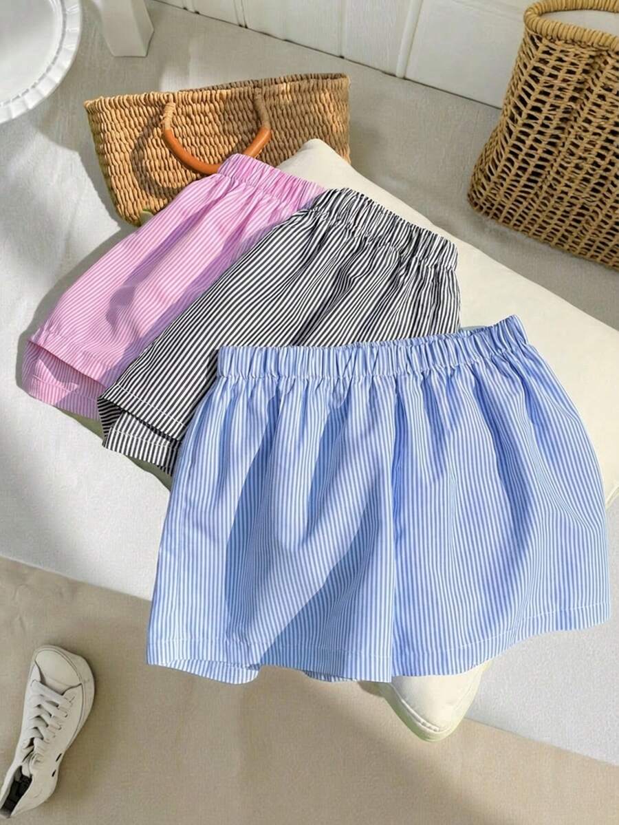 SHEIN 3pcs/Set Tween Girls' Casual Street Style Woven Striped Straight Leg Shorts - Black - View 1