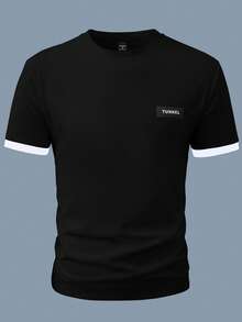 Manfinity Homme Camiseta casual de cuello redondo de manga corta con estampado de letras para hombre - Negro - Ver 3