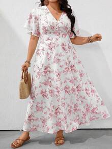 SHEIN Clasi Đầm cỡ lớn dáng rộng cổ chữ V tay cánh dơi in họa tiết gốm sứ xanh trắng, thích hợp mặc đi nghỉ mát. - Hồng - Xem 5