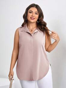 SHEIN Clasi Camisa casual sin mangas de un solo pecho de unicolor para mujer de talla grande - Rosa - Ver 6