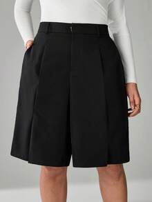 SHEIN Tall CURVE Quần short Bermuda màu đen trơn thời trang dành cho nữ cỡ lớn, dáng suông, cạp cao giúp bạn trông thon gọn và chân dài hơn, phù hợp với phụ nữ cao. Cạp cao giúp bạn trông thon gọn và chân dài hơn, thích hợp cho phụ nữ cao. Phù hợp cho mọi mùa và mọi dịp. - màu đen - Xem 4