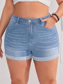 EMERY ROSE Plus Size Women's Cuffed Distressed Denim Shorts With Pockets - Baby Blue - View 1