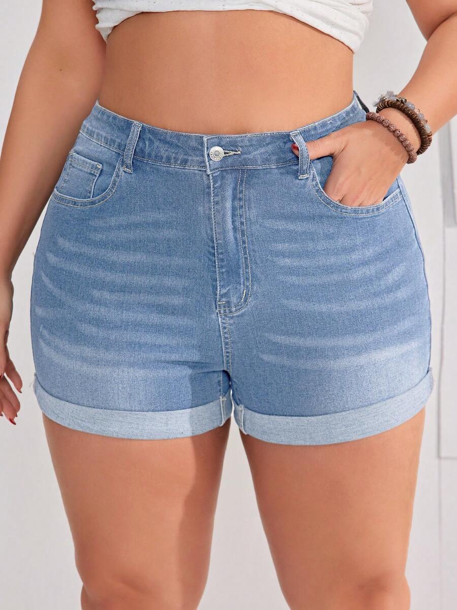 EMERY ROSE Plus Size Women's Cuffed Distressed Denim Shorts With Pockets - Baby Blue - View 1