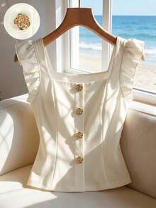 GlowEve 女士夏季纽扣设计方领短袖T恤 - 杏色 - 查看 8