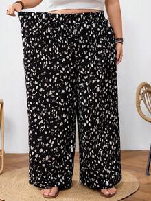 SHEIN CURVE+ Quần ống rộng cạp chun in họa tiết dành cho nữ cỡ lớn - màu đen - Xem 10