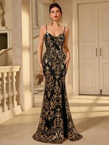 Coutiva Đầm dạ hội hở lưng kiểu đuôi cá xẻ tà, phối ren và đính sequin. - Vàng - Xem 1