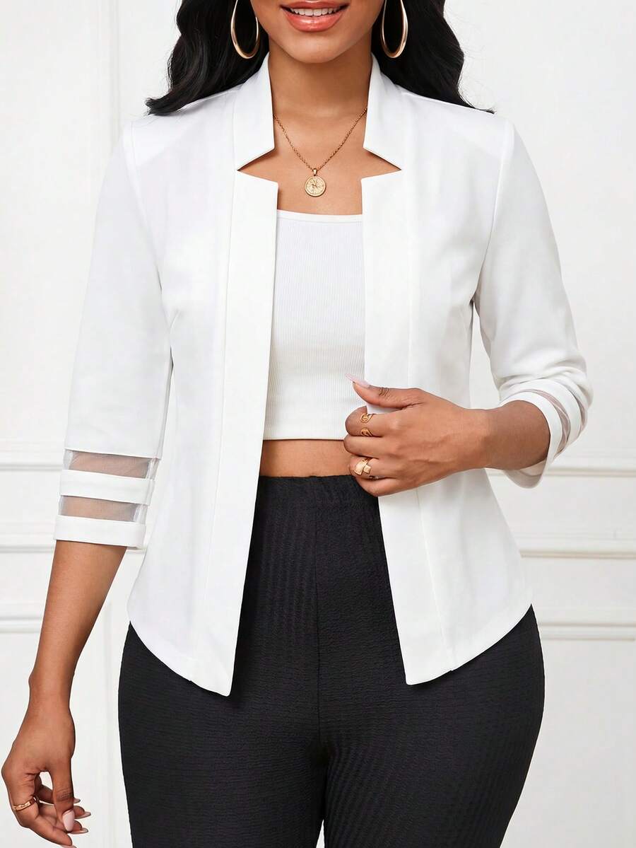 SHEIN Lady Women's Casual, Office, Commuting Mesh Patchwork 3/4 Sleeve Lightweight Blazer, Suitable For Spring, Summer, Autumn White Blazer - White - View 1
