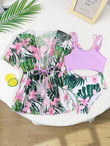 SHEIN Young Girl Floral Print Patchwork One-Piece Swimsuit And Long Robe,  Purple Patchwork Tropical Floral Print Swimsuit + Matching Color Cardigan With Drawstring Thin Breathable Beach Sunscreen Cover-Up Two-Piece Set - Purple - View 4