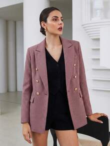 Aveloria Modichic 女款馬卡龍色格紋雙排扣西裝外套 夏季優雅性感 辦公室高爾夫商務穿搭 缺口領鈕扣粗花呢紋理夾克 老錢風 - 紅色 - 查看 5