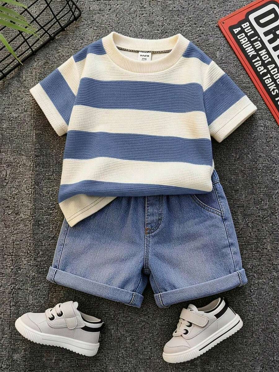 SHEIN 2pcs Baby Boy Casual Cute Black & White Striped Short Sleeve T-Shirt And Denim Shorts Set, Suitable For Spring/Summer - Dusty Blue - View 1