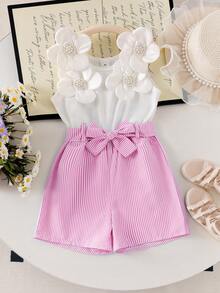 SHEIN Elladie kids 女童（小号）碎花吊带连体裤，蓝白相间，甜美舒适，配大碎花腰带，夏季休闲女童装 - 粉色 - 查看 3