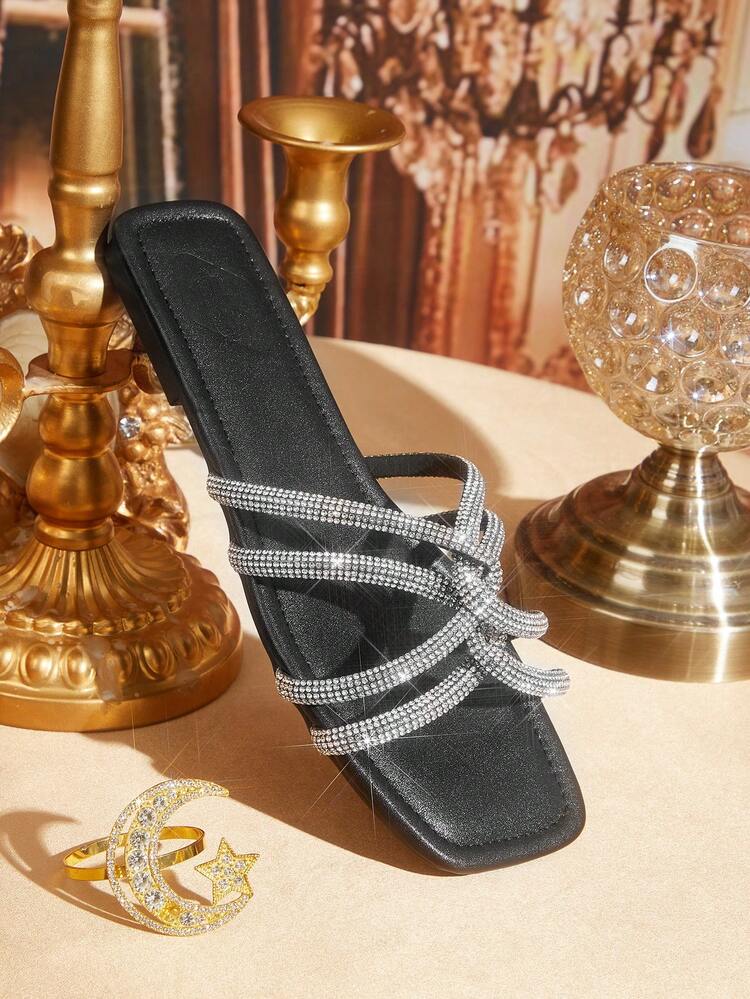 CUCCOO TILAWA Women Shoes Summer Ladies Fashion Square Toe Flat Bottom Black Rhinestone Strip Comfortable Vacation Fashion Gorgeous Ladies Flat Sandals Slippers
