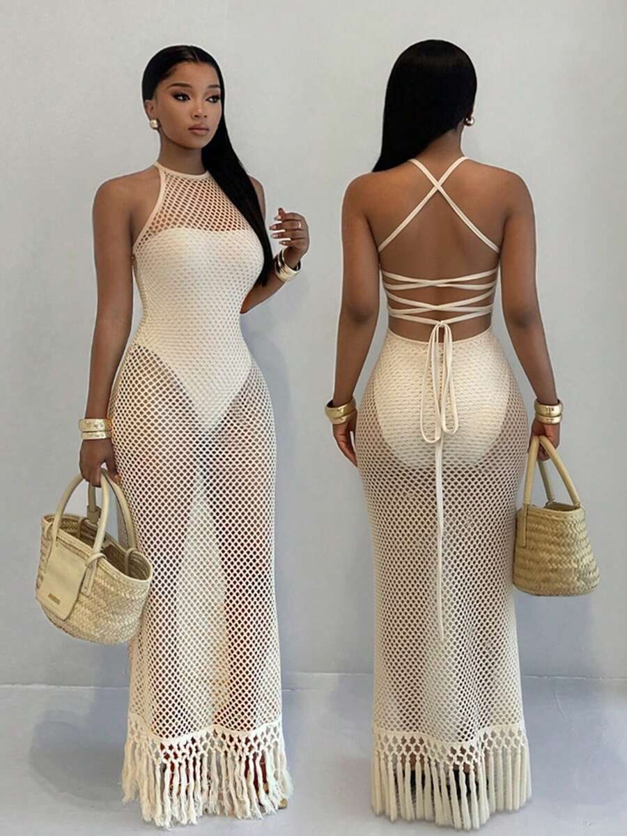 BamGleam Đầm hè đi biển BamGlam 2026 dành cho nữ, chất liệu lưới móc, viền tua rua, thiết kế 2 trong 1, kết hợp giữa áo liền thân và đầm quây bằng vải lưới trong suốt gợi cảm, thích hợp cho kỳ nghỉ hè ở bãi biển. - Màu be - Xem 1