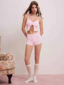 女士休闲粉色性感睡衣套装 - 粉色 - 查看 3