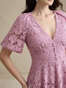 Anewsta Đầm dài mùa hè thanh lịch dành cho nữ, cổ chữ V, tay cánh hoa, thiết kế vạt bất đối xứng, dáng ôm sát, thích hợp cho các bữa tiệc. - Hồng - Xem 2