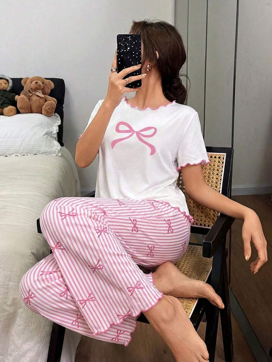 Genkimix Kids 一套少女睡衣,白色蝴蝶结装饰上衣,竖条纹蝴蝶印花长裤,撞色滚边短袖和长裤休闲睡衣套装 - 杏色 - 查看 1