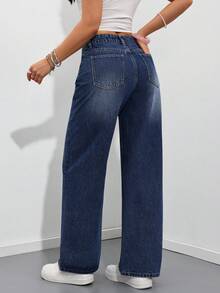 SHEIN PETITE 女款休閒日常水洗斜口袋直筒牛仔褲，小碼女款 - 深色水洗藍 - 查看 2