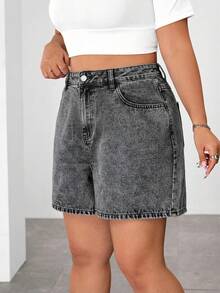 SHEIN EZwear 大码女式高腰口袋休闲百搭牛仔短裤 - 灰色 - 查看 1