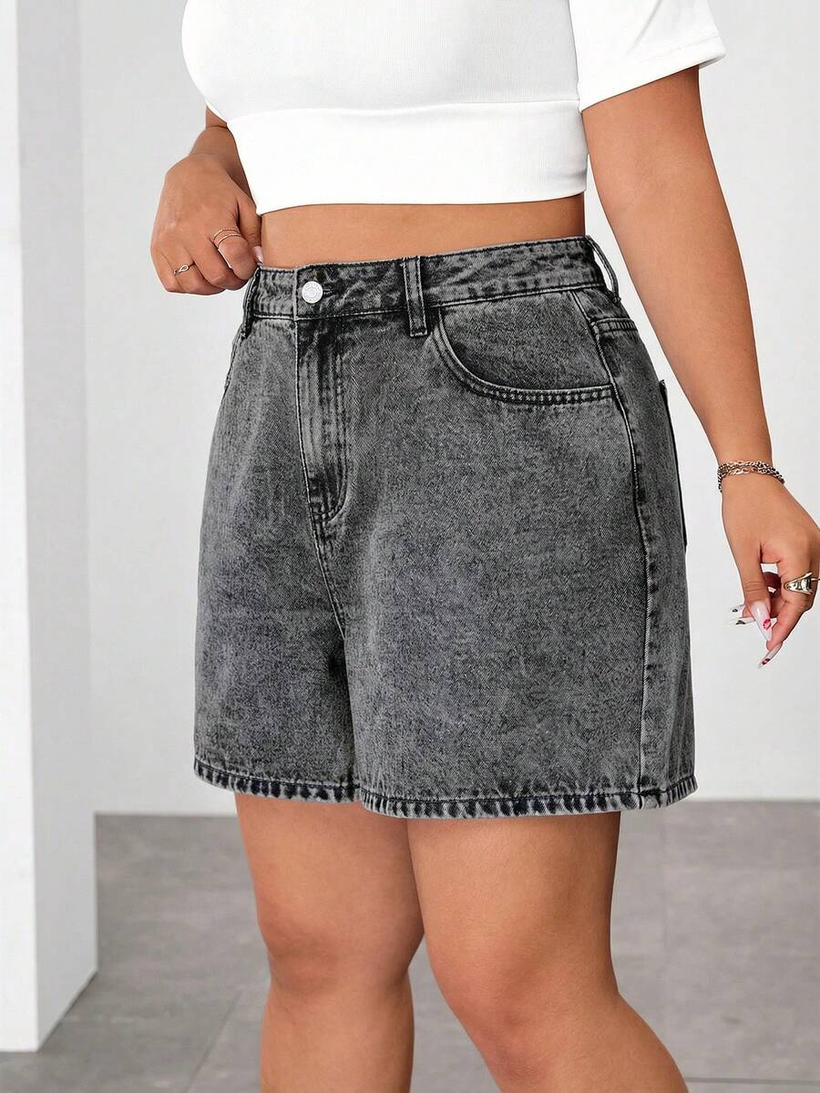SHEIN EZwear 大码女式高腰口袋休闲百搭牛仔短裤 - 灰色 - 查看 1