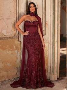 Glamrae 优雅奢华的3D立体花朵串珠弹力针织美人鱼裙，性感无肩带设计，适合婚礼、派对、度假、舞会、正式场合（装饰繁复） - 酒紅色 - 查看 6