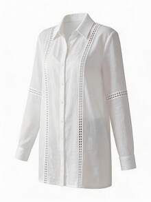Swim Vcay Women's Solid Color Button Front Long Sleeve Casual Kimono-Style Cover Up, For Summer Beach Vacation - White - View 7