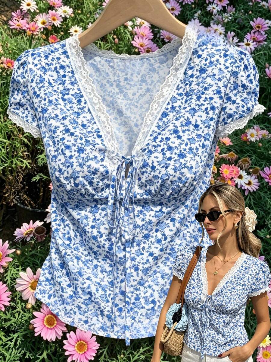 Pariaura Damskjorta med spetsdetaljer och knytband, trendig och mångsidig dejtskjorta för avslappnad användning - Blå - Visa 1