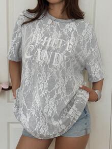 Livesso Lace Round Neck Loose Letter Print Short Sleeve T-Shirt For Women - Grey - View 4