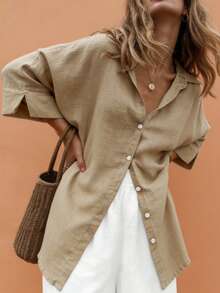 EMERY ROSE Plus-Size Women's Khaki Summer Smart Casual Loose-Fit Drop-Shoulder Collared Shirt,Simple Versatile Vacation Holiday Resort-Style Solid-Color Tops - Apricot - View 3