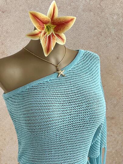 Sunnyshic Áo choàng dệt kim dáng rộng cổ lệch màu xanh dương thời trang, đa năng dành cho nữ, thích hợp cho kỳ nghỉ hè.